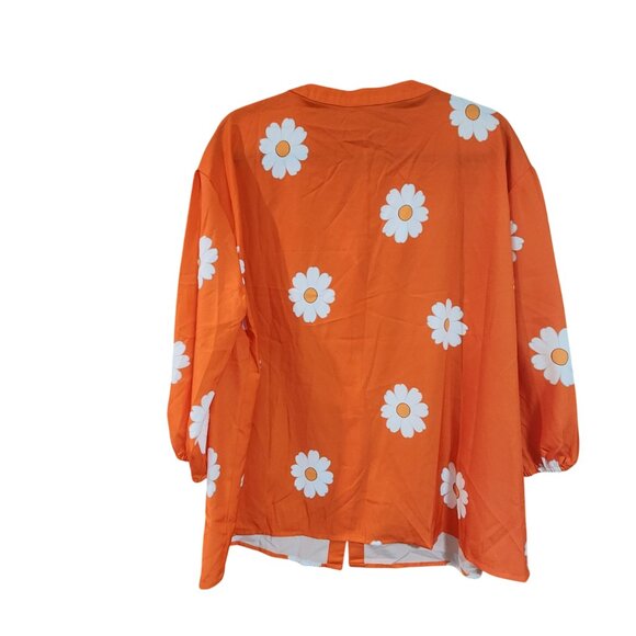 Orange Floral Button-Up Blouse With 3/4 Sleeves XL 100% Polyester Womens Top - Picture 2 of 3
